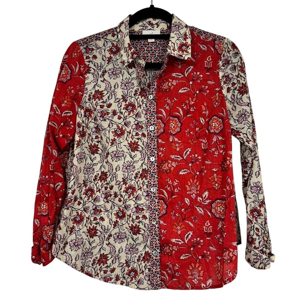 J Jill Cream Red Floral Mixed Fabric Button Down Shirt Womens XS Long Sleeve Top